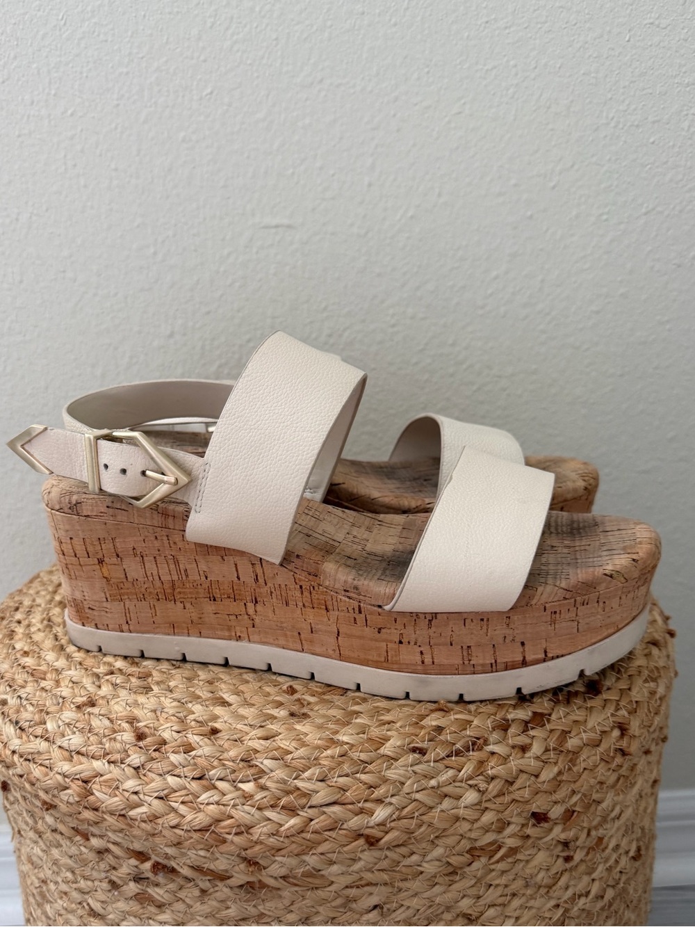 Vince Camuto Cream Wedge Sandals with Gold Buckle Strap
